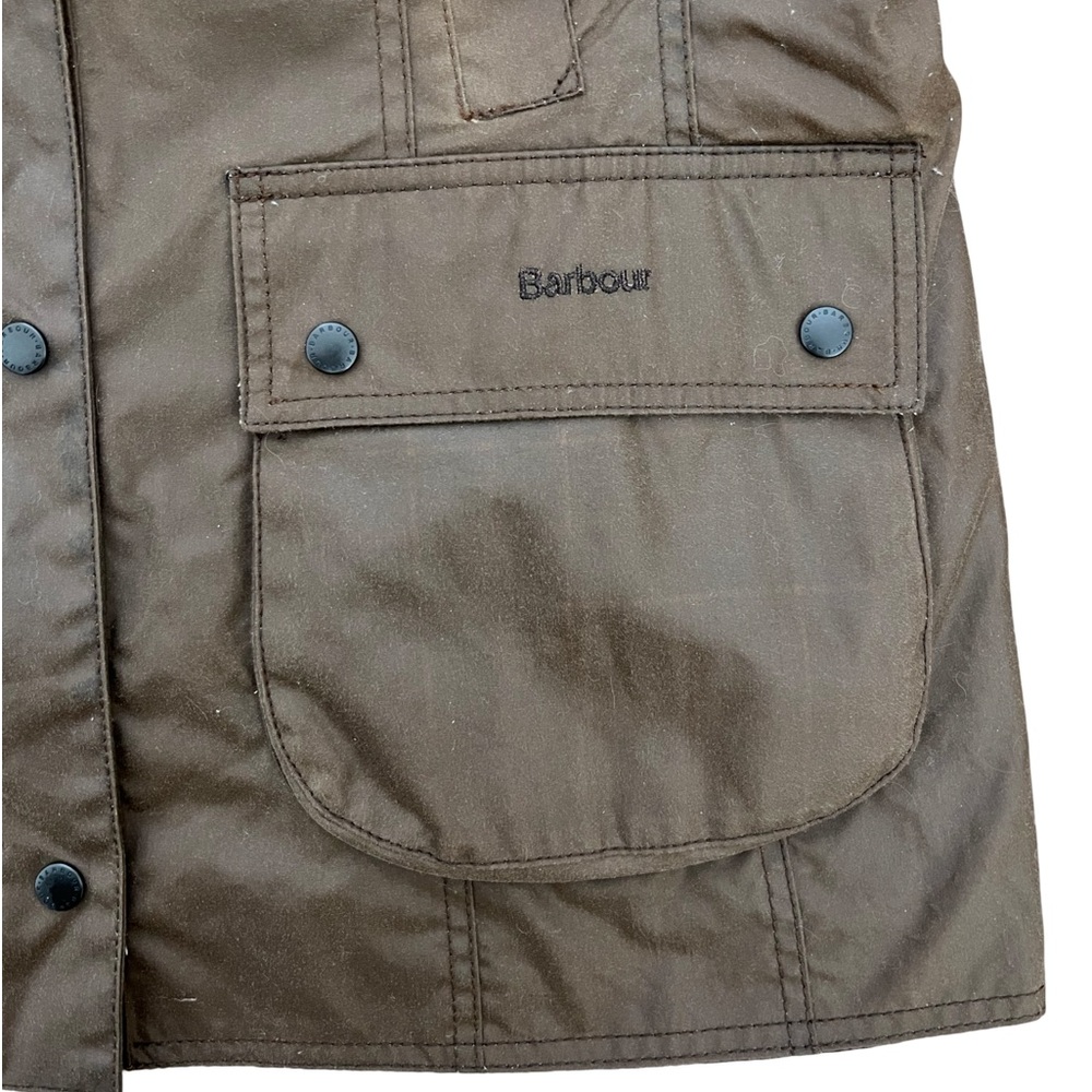 Womens Barbour Waxed Canvas Cotton Olive Green Full Zip Plaid Lined Jacket Sz 12 - Picture 7 of 8